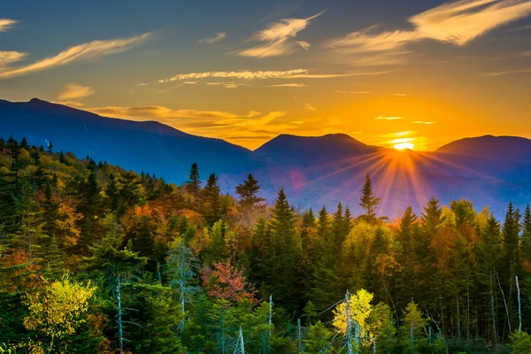 Kancamagus Pass, beyaz Kancamagus otoyolda günbatımı