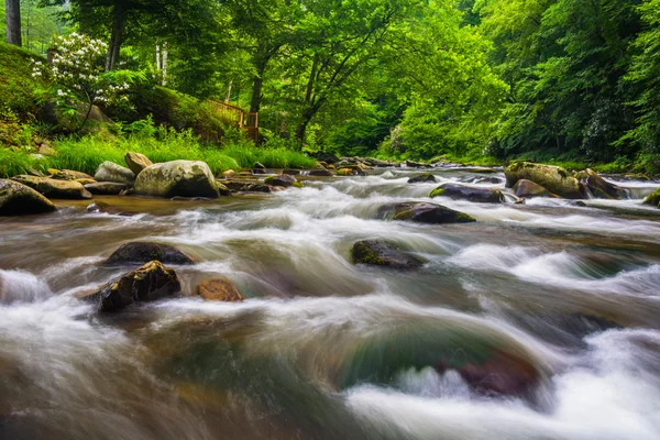 Expunerea îndelungată a cascadelor pe Raven Fork, lângă Cherokee, North Ca — Fotografie, imagine de stoc