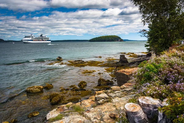 Rocky coast and view of cruise ship and island in Frenchman Bay — Stock Photo, Image