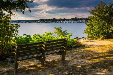 Bench and the Chesapeake Bay at Cox Point Park in Essex, Marylan clipart