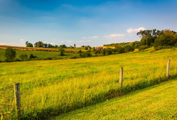 Valla y campo de cultivo en el condado de Howard rural, Maryland . —  Fotos de Stock