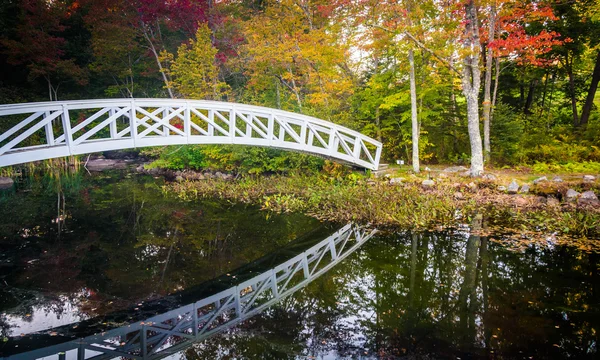 Herbstfarbe und Fußgängerbrücke über einen Teich in Somesville, Maine — Stockfoto