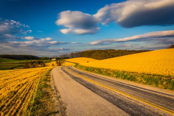 Carretera de campo y vista de campos agrícolas y colinas en la zona rural de York Cou — Foto de Stock