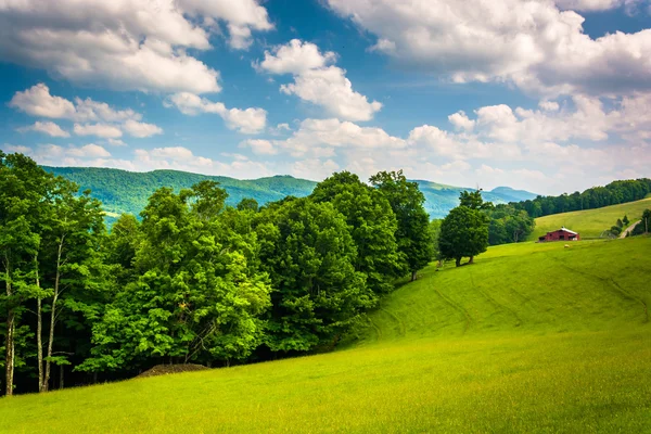 Vista de campos y montañas lejanas en el Potomac Highla rural — Foto de Stock