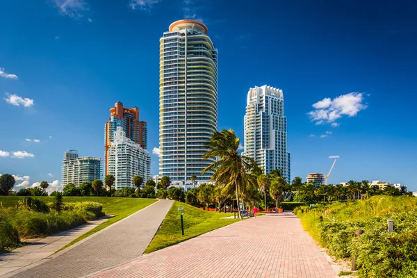 Walkways at South Pointe Park and skyscrapers in Miami Beach, Fl — Stock Photo, Image