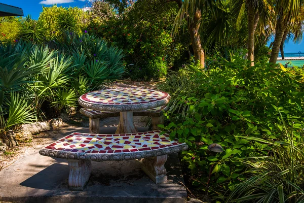 Benches and table in a garden in Key West, Florida. — Stock Photo, Image