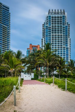 plaj ve south beach, miami, florida, highrises yolunu.