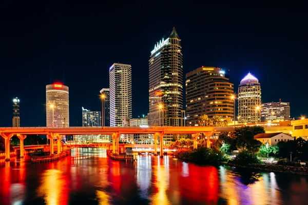 Lo skyline e ponti sul fiume Hillsborough di notte in — Foto Stock