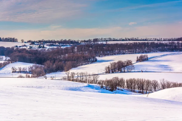 ग्रामीण यॉर्क काउंटमध्ये शेती आणि बर्फ झाकलेले रोलिंग टेकड्यांचा दृश्य — स्टॉक फोटो, इमेज