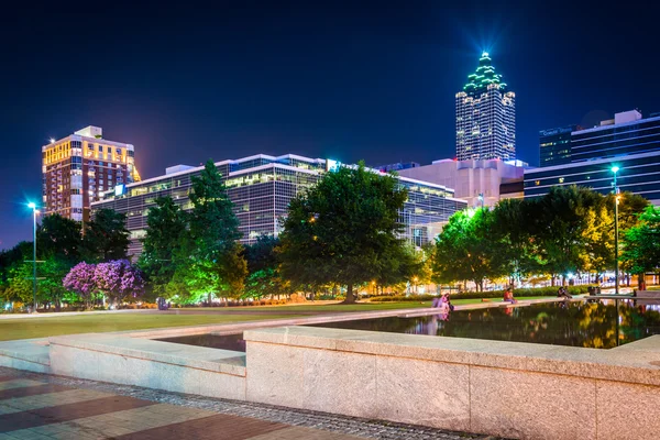 Reflecting pool and buildings at night, at Olympic Centennial Pa — Stock Photo, Image