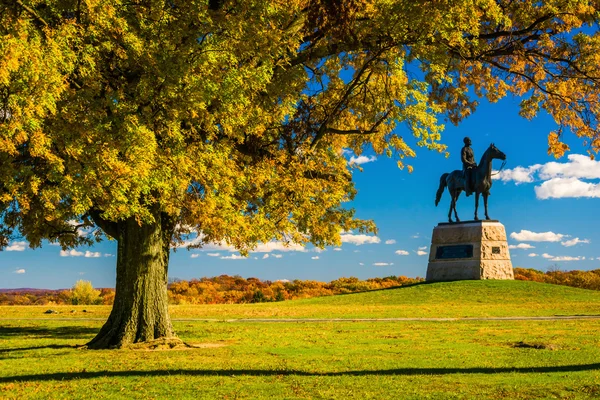 Drzewo i pomnik na polu bitwy pod Gettysburgiem, w stanie Pensylwania. — Zdjęcie stockowe