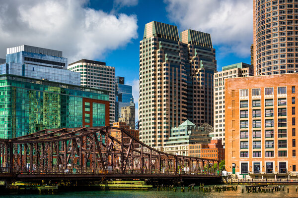 An old bridge over Fort Point Channel and buildings in Boston, Massachusetts.