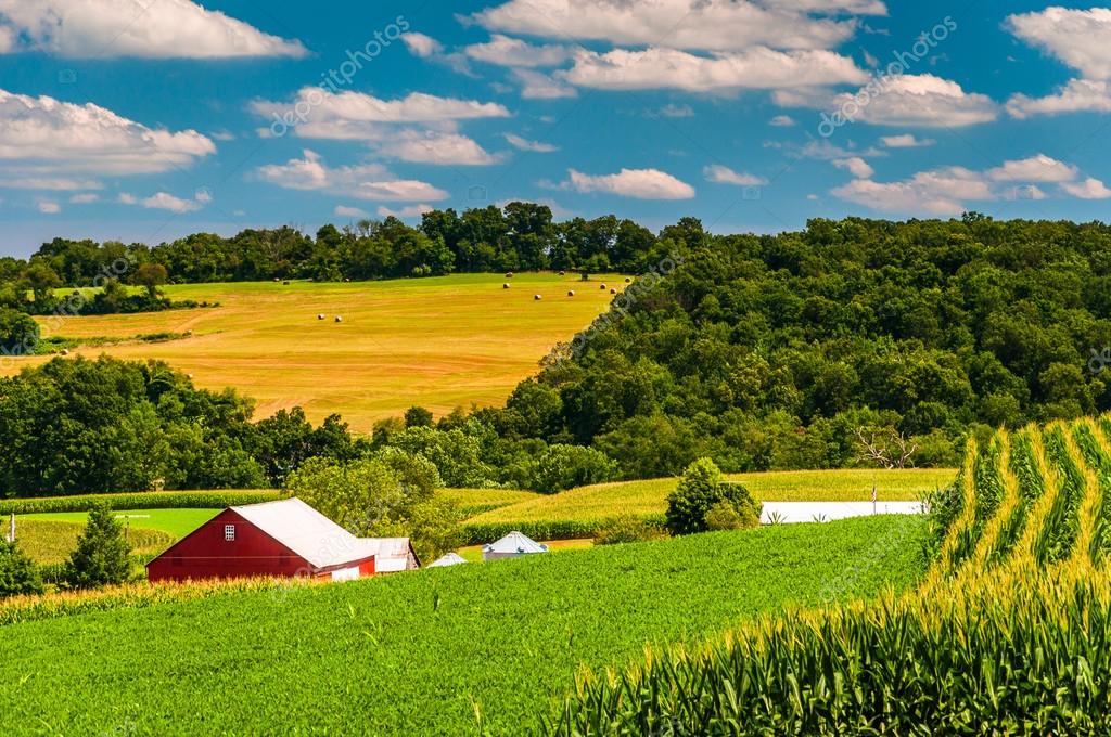 Farm fields and rolling hills in rural York County, Pennsylvania Stock