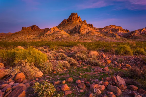 View of mountains in the desert at sunset near Oatman, Arizona.