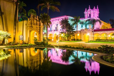 The El Prado Restaurant and Lily Pond at night in Balboa Park, S clipart