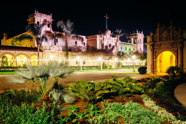 Garden and the Prado Restaurant at night, in Balboa Park, San Di