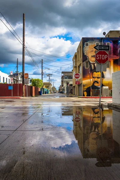 Street art and stop sign reflecting in a puddle in an alley, in — Stock Photo, Image