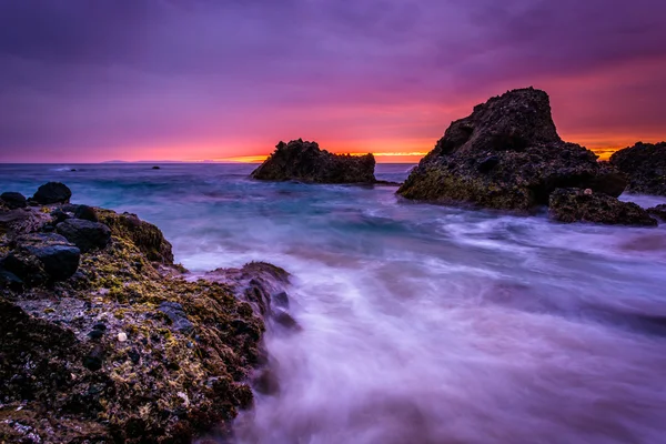 Wellen und Felsen im Pazifik bei Sonnenuntergang, an der Waldbucht, — Stockfoto