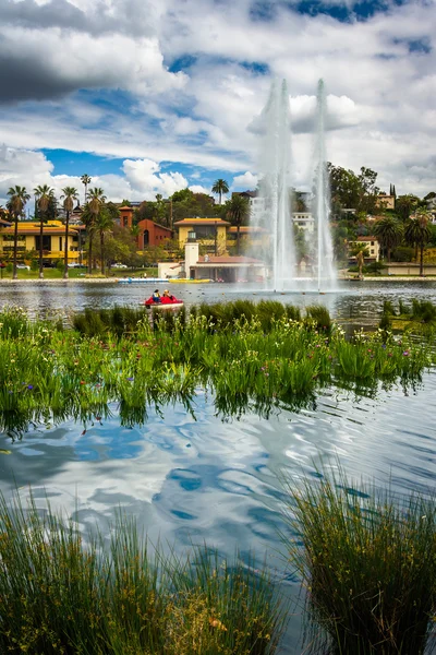 Gräser und ein Brunnen im Echopark See, in los angeles, califo — Stockfoto