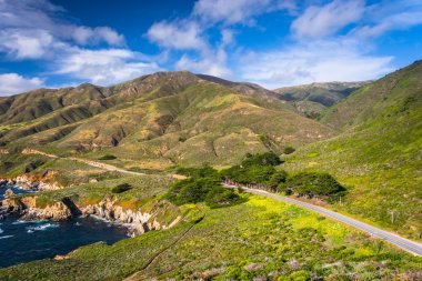 Pacific Coast Highway ve Garrapata devlet P dağlarda görünümü