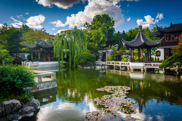 Pagoda och damm på Lan Su kinesiska trädgården i Portland, Oregon — Stockfoto