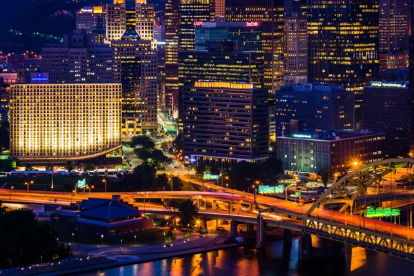 View of buildings in downtown Pittsburgh from the top of the Duq