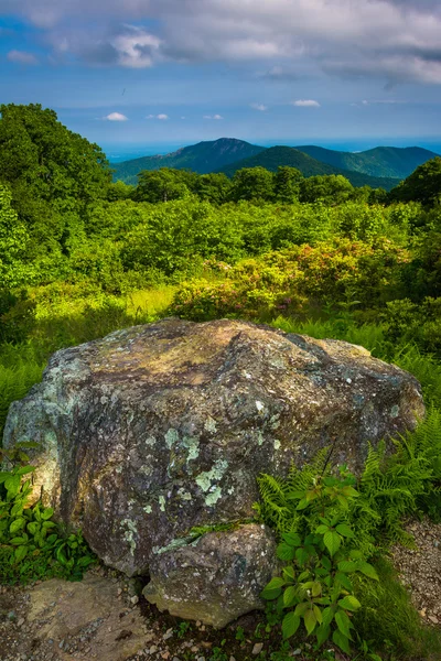 Boulder and view from Thoroughfare Overlook, in Shenandoah Natio — Stock Photo, Image
