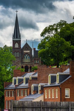 View of historic buildings and St. Peters Roman Catholic Church,