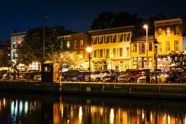 Üzletek és éttermek, éjszakai gyapja pont, Baltimore, Maryla — Stock Fotó