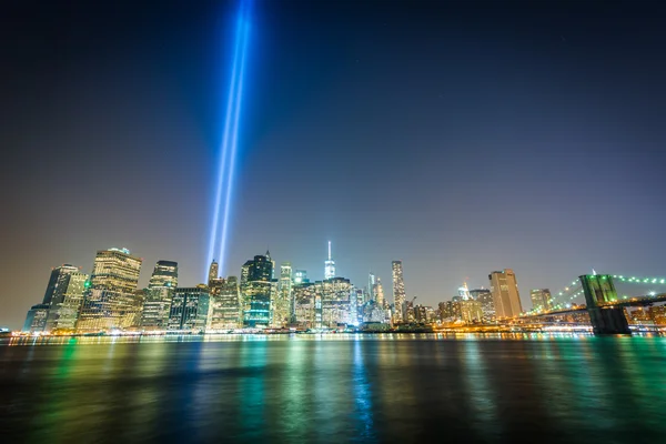 该致敬之光在曼哈顿地平线在夜，看到 f — 图库照片
