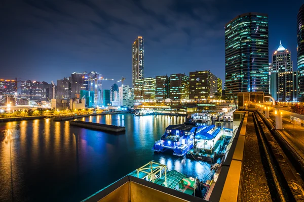 Rascacielos modernos y muelle en Tsim Sha Tsui por la noche, en Kowloo —  Fotos de Stock