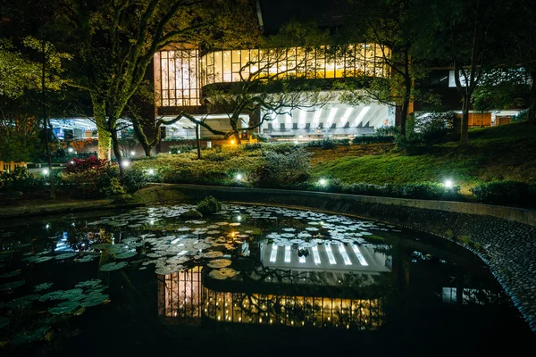 Küçük gölet ve gece, Hong Kong Univers adlı modern binalar — Stok fotoğraf