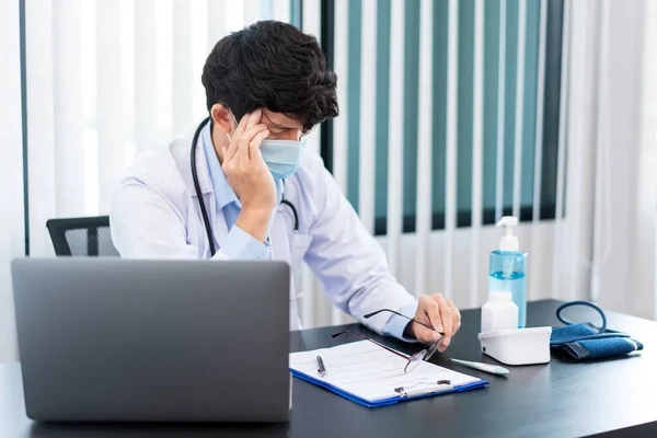 Medical Concept Male Doctor Wearing Mask Having Headache While His — Stock Photo, Image