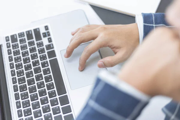 Business Partners Concept Businessman Scrolling Touch Pad Laptop While Checking — Stock Photo, Image