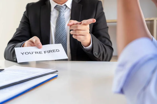 Dismissal Concept Female Officer Fired Boss Looking Very Sad She — Stock Photo, Image