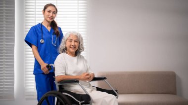 Profesyonel bakıcı, bağımsız yaşama adanmış tekerlekli sandalyedeki yetişkin bir kadına şefkatli bir yardım sunuyor.