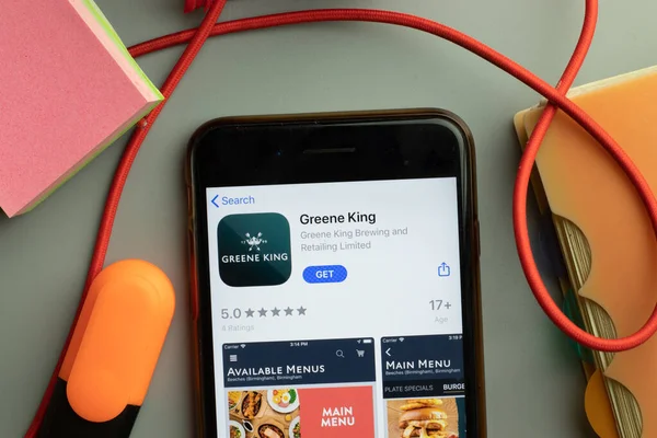 New York, ABD - 7 Kasım 2020: Greene King uygulama mağazası logosu telefon ekranında, Illustrative Editorial.