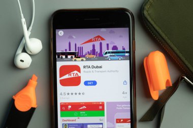 New York, USA - 26 October 2020: RTA Dubai mobile app icon logo on phone screen close-up, Illustrative Editorial.
