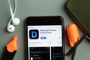 New York, USA - 26 October 2020: DManager Browser mobile app icon logo on phone screen close-up, Illustrative Editorial.
