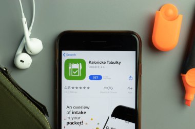 New York, USA - 26 October 2020: Kaloricke Tabulky mobile app icon logo on phone screen close-up, Illustrative Editorial.