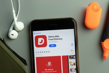 New York, USA - 26 October 2020: Dame jidlo Food Delivery mobile app icon logo on phone screen close-up, Illustrative Editorial.