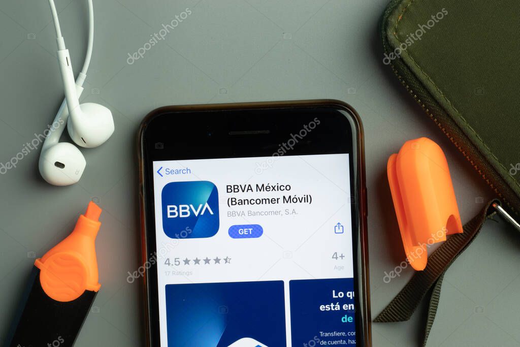 New York, USA - 26 October 2020: BBVA Bancomer Movil mobile app icon logo on phone screen close-up, Illustrative Editorial.