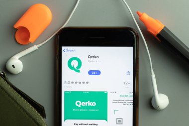 New York, USA - 26 October 2020: Qerko mobile app icon logo on phone screen close-up, Illustrative Editorial.