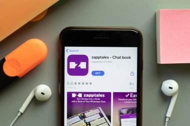 New York, ABD - 1 Aralık 2020: zapptales mobil uygulama simgesi telefon ekranı üst görünümü, Illustrative Editorial.