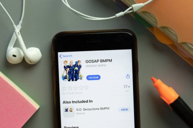 New York, ABD - 1 Aralık 2020: GOSAP BMPM mobil uygulama simgesi telefon ekranı üst görünümü, Illustrative Editorial.