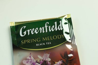 Moskova, Rusya - 5 Aralık 2020: Greenfield çay poşeti, Illustrative Editorial.