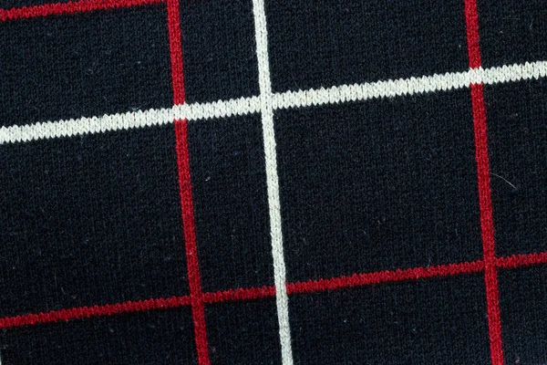 Zwart Donkerblauw Textiel Achtergrond Textuur Met Rood Wit Patroon Lijnen — Stockfoto