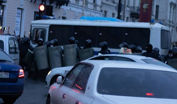 San Petersburgo Rusia Enero 2021 Protesta Rusia Policía Gente Calle — Foto de Stock