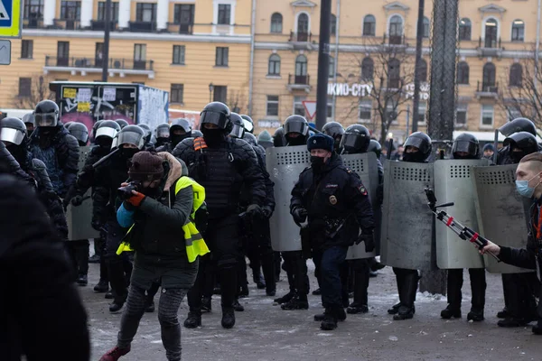 2021年1月31日 俄罗斯圣彼得堡 在俄罗斯抗议纳瓦尔尼的自由 抗议普京的人民 说明性社论 — 图库照片