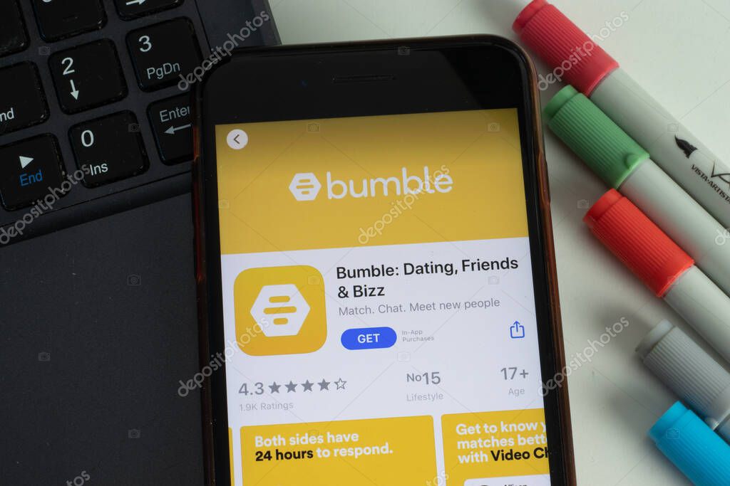 New York, USA - 17 February 2021: Bumble mobile app icon on phone screen top view, Illustrative Editorial